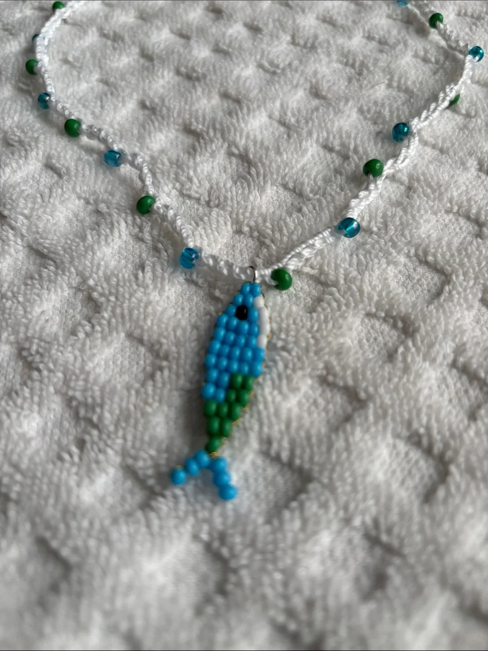 Handmade Blue & Green Beaded Fish Pendant Necklace - Unbranded